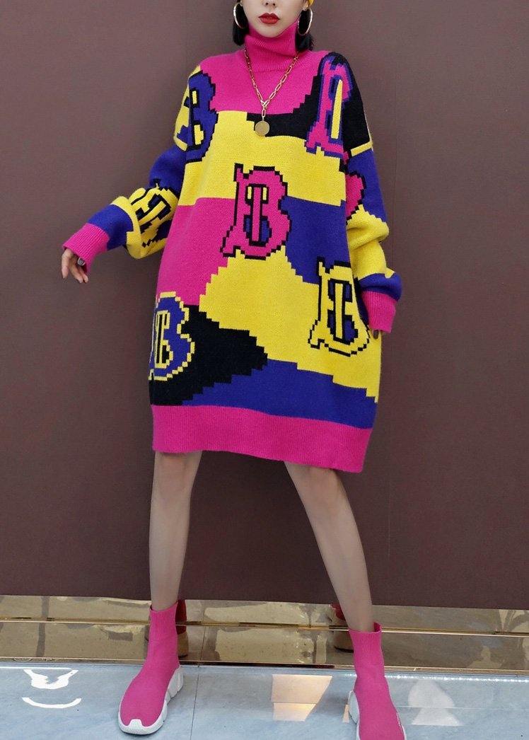 レディース クリスマス イエロー レタープリント ニットセーターワンピース プラスサイズ Oネック ゆったり ヒップスター風 ニットワンピース