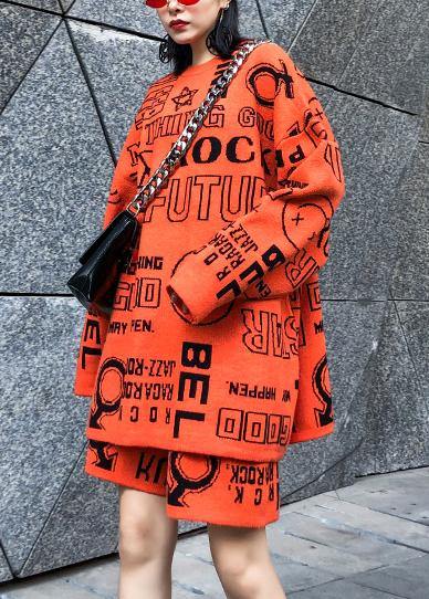 秋冬 レディース ニットセットアップ 上品オレンジ ニットセーター × ワイドパンツ ファッション 2点セット（上下セット）