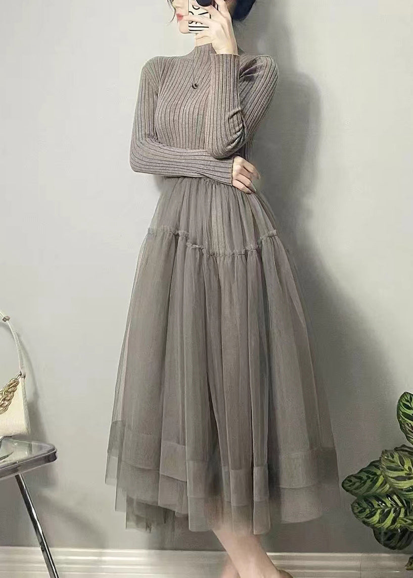 美しい イエロー アシンメトリー チュール パッチワーク ロングワンピース 秋