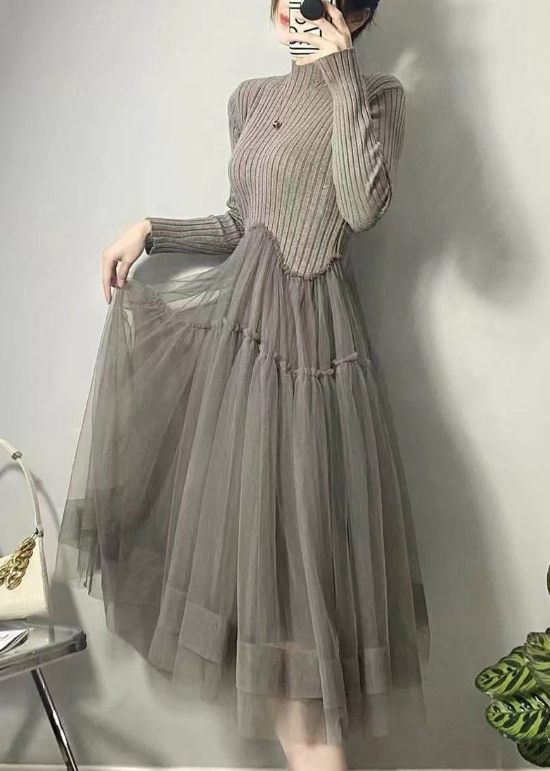 美しい イエロー アシンメトリー チュール パッチワーク ロングワンピース 秋