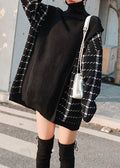 ブラック 厚手 パッチワーク ニットワンピース 冬用