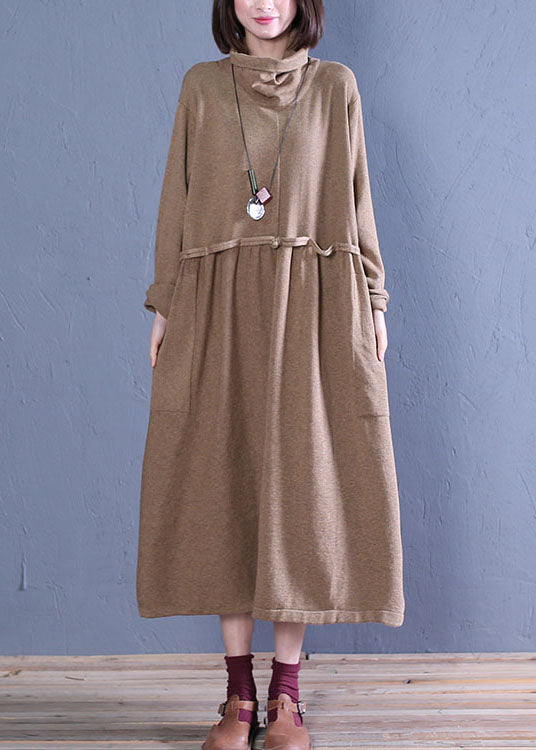 レディース ボヘミアン風 カーキ タートルネック パッチワーク ニットワンピース 春用