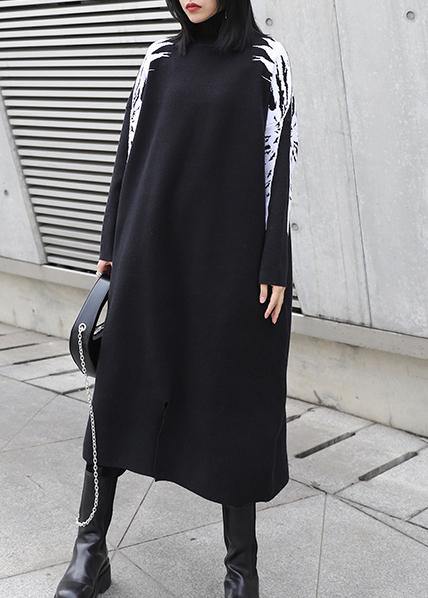 レディース クリスマス ブラック 花柄織り ニットセーター プラスサイズ ハイネック デイリー ニットワンピース