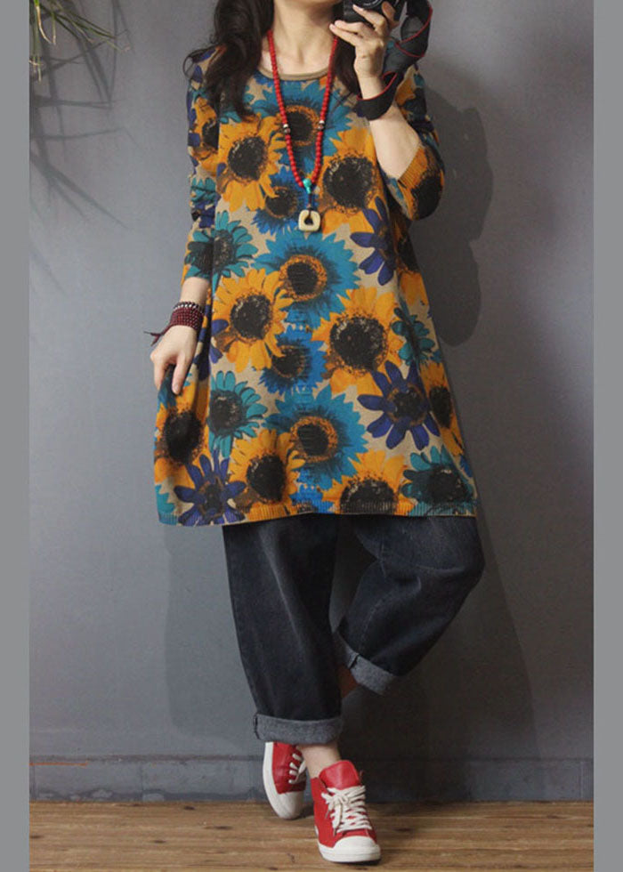 上品 カーキ Oネック プリント サイドスリット 秋 ニット ロングセーター