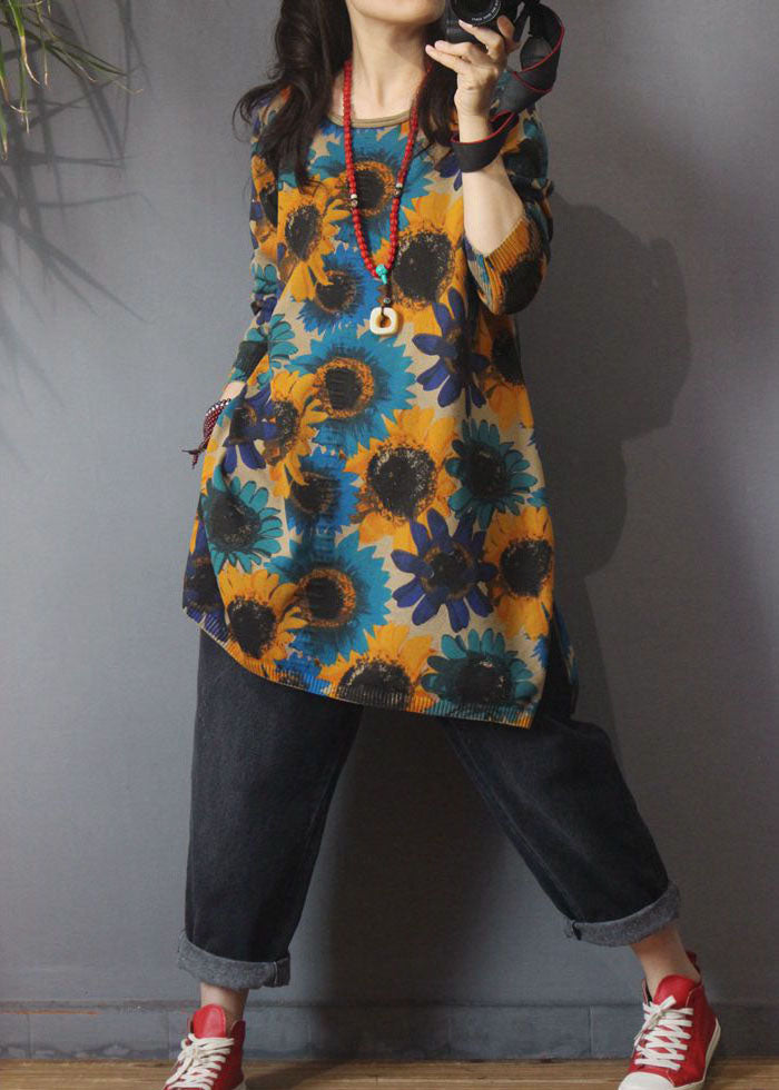 上品 カーキ Oネック プリント サイドスリット 秋 ニット ロングセーター