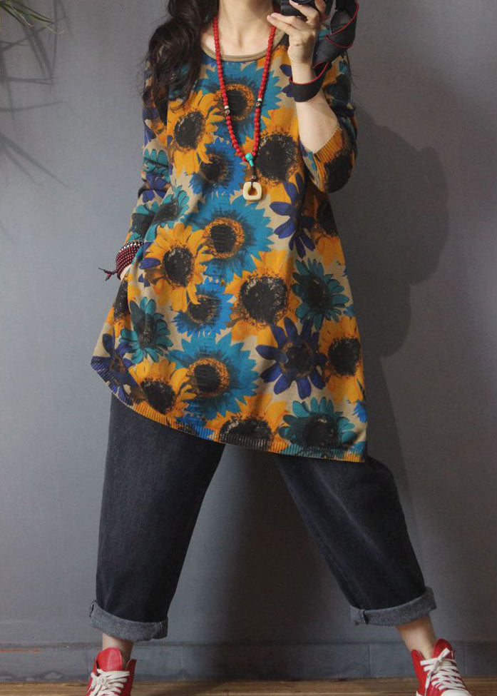 上品 カーキ Oネック プリント サイドスリット 秋 ニット ロングセーター