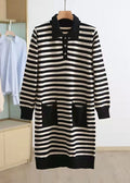 キュート ブラックストライプ ニットセーター アップサイクル風 ポロカラー オーバーサイズ 冬用ニットウェア