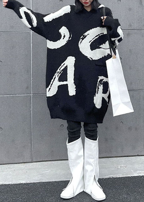 エレガント ブラック フード付き プリント柄 ニットセーターワンピース 春