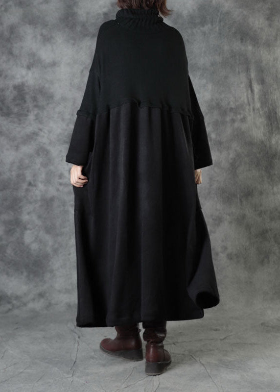 レディース ブラック タートルネック パッチワーク コーデュロイ風 秋用 ロング ニットセーター