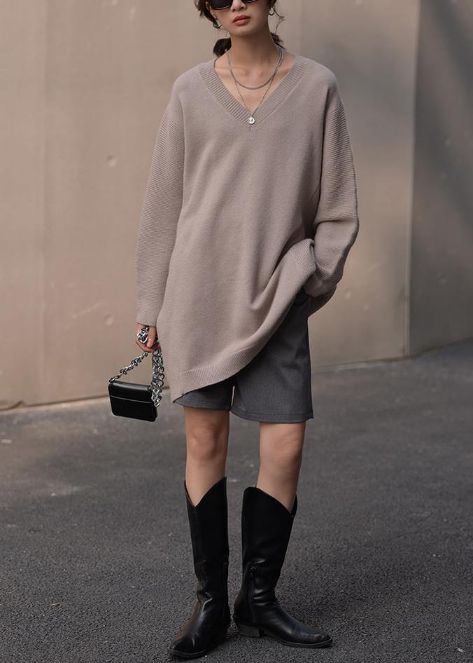 レディース ブラウン ニットブラウス Vネック ゆったりシルエット 秋用 ニットトップス