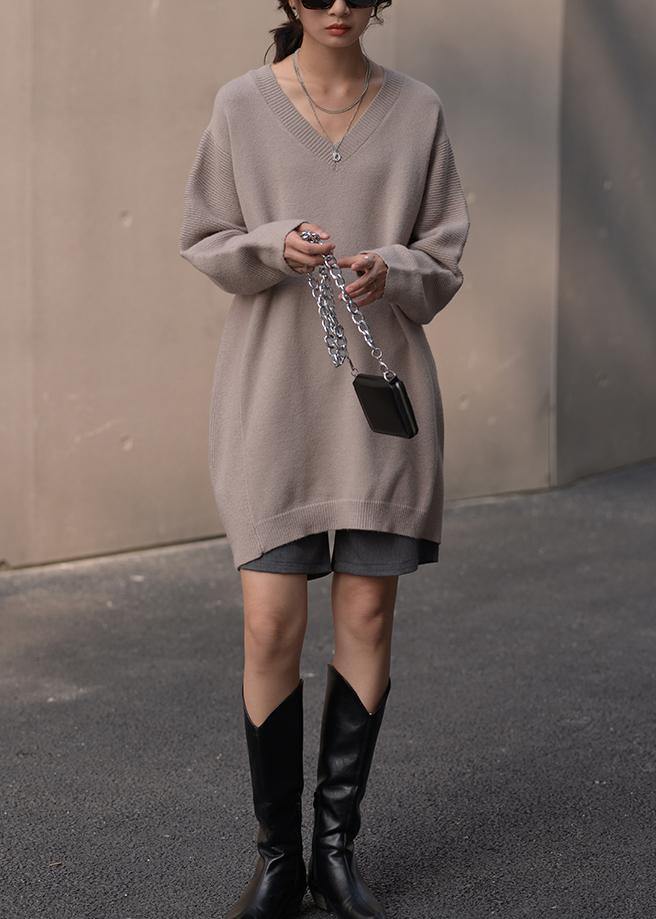 レディース ブラウン ニットブラウス Vネック ゆったりシルエット 秋用 ニットトップス