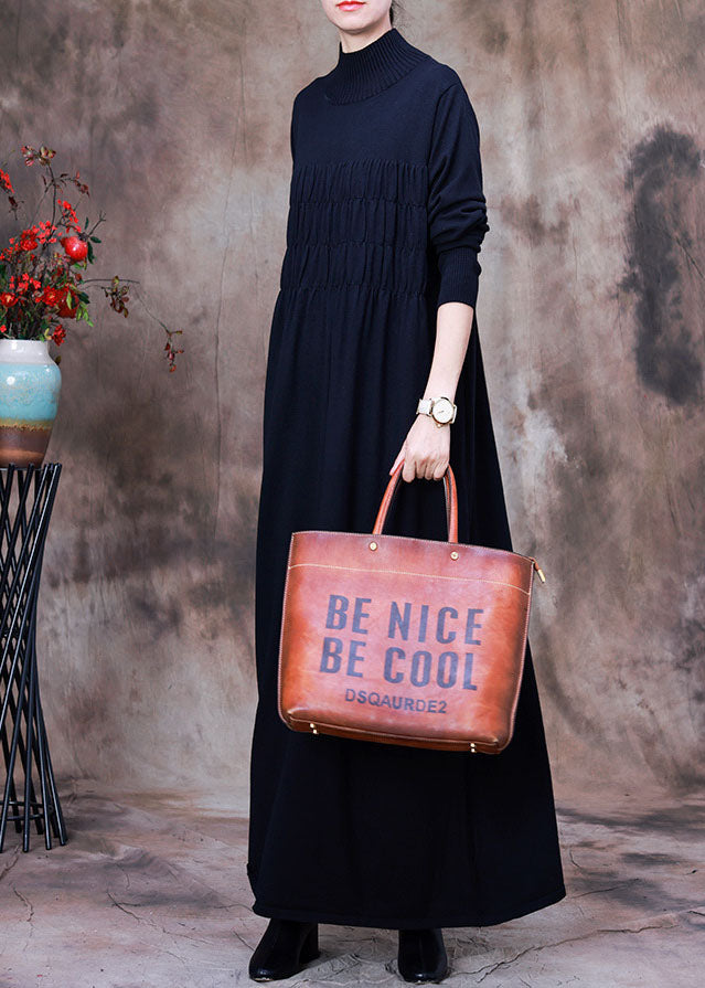 フィット感 ブラック しわ加工 タートルネック ニットワンピース ホリデー 春