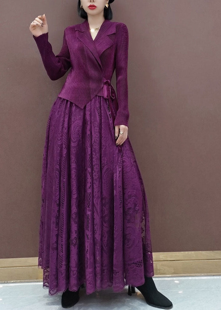 レディース パープル スリムフィット ウエストリボン ピーターパンカラー ニットトップス＋レーススカート セット 2点セット 春用