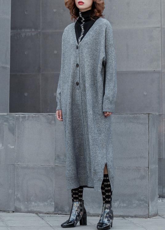 レディース 春用 グレー ニットウェア セーター プラスサイズ Vネック サイドオープン（スリット） 遊び心のある デザインニット