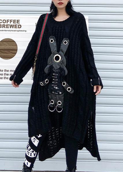 通勤用 ブラック セーターワンピース（ニットワンピ） モーダ風 透かし編み デイリー ロー＆ハイ丈デザイン