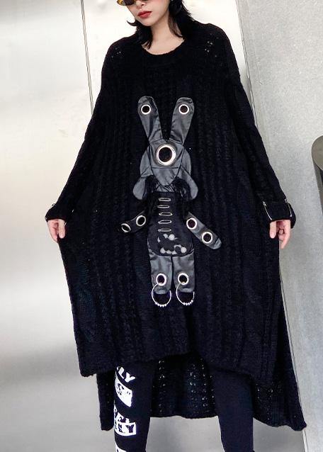 通勤用 ブラック セーターワンピース（ニットワンピ） モーダ風 透かし編み デイリー ロー＆ハイ丈デザイン
