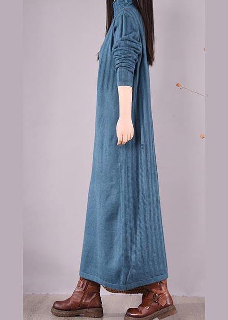 ハンドメイド ブルー ワンピース ハイネック ロング丈 春ワンピース