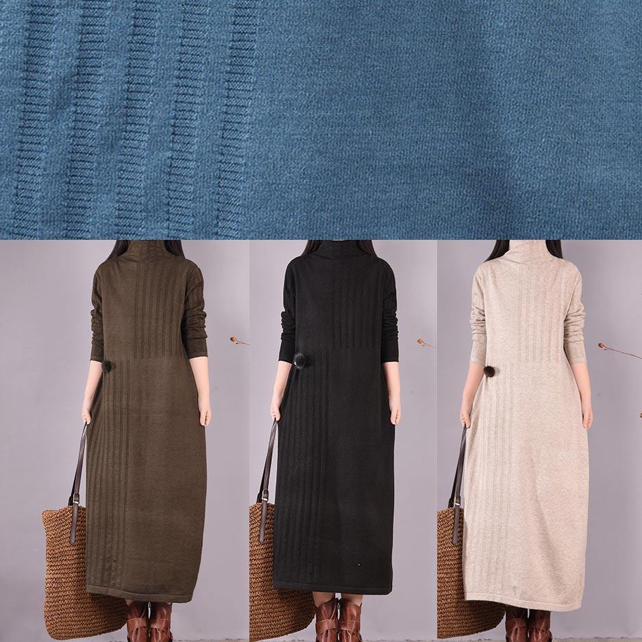 ハンドメイド ブルー ワンピース ハイネック ロング丈 春ワンピース