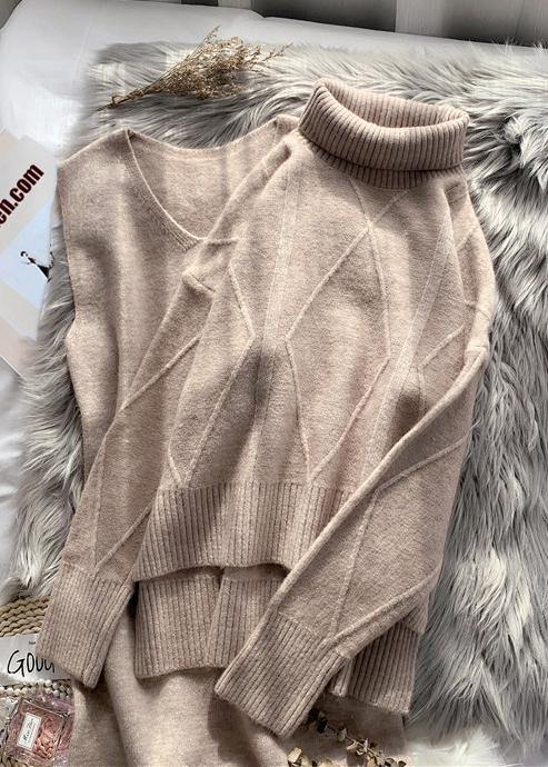 ハイネック レッド セーター レディース ゆったり 厚手 秋冬 キャミソール ウールワンピース 2点セット