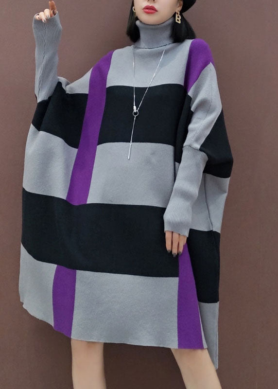 ゆったり グレー×ブラック ボーダー柄 ニットワンピース 長袖