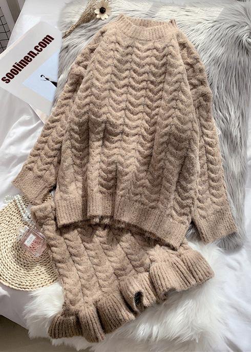 新作 秋冬 レトロ マホガニー×カーキ ニット レディース スーツ スカート 2点セット