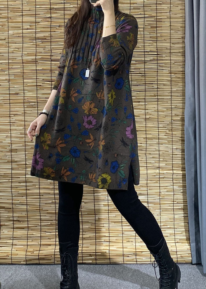 大きいサイズ チョコレートカラー タートルネック プリント サイドスリット 秋 フローラル ニットセーター