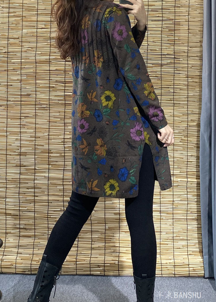 大きいサイズ チョコレートカラー タートルネック プリント サイドスリット 秋 フローラル ニットセーター