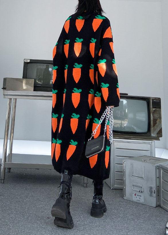 ブラックプリント プルオーバー ニットワンピース リファッション風 Oネック バギーシルエット 編みニットドレス