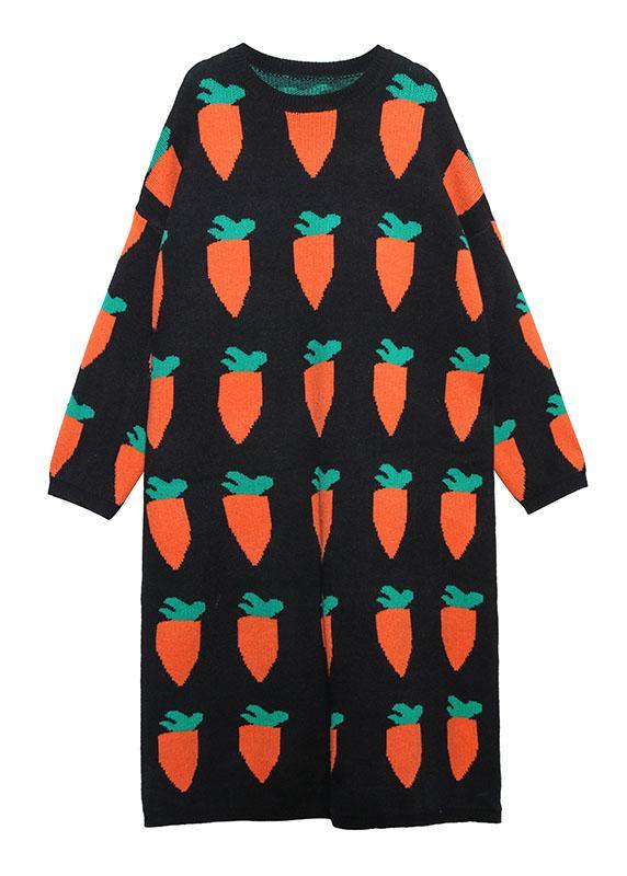 ブラックプリント プルオーバー ニットワンピース リファッション風 Oネック バギーシルエット 編みニットドレス