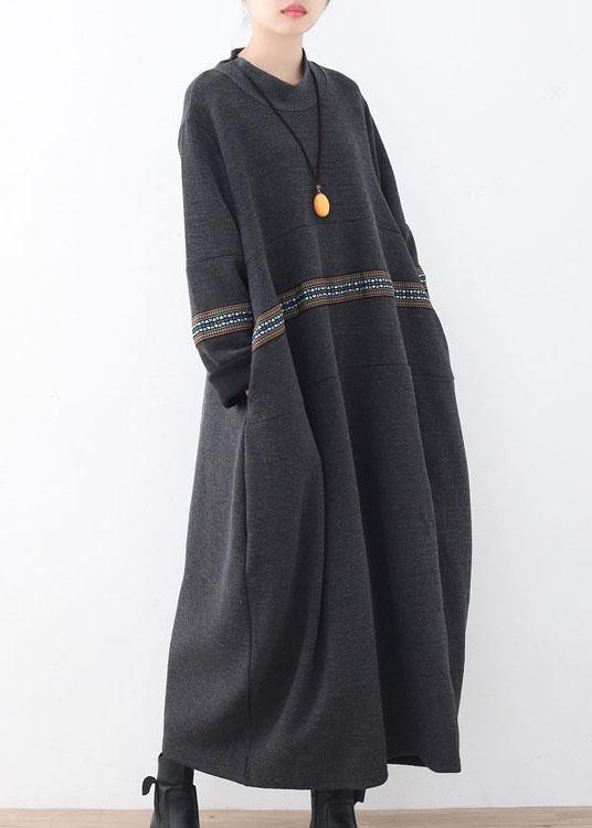 シンプル ブラック パッチワークプリント ゆったり 秋ワンピース