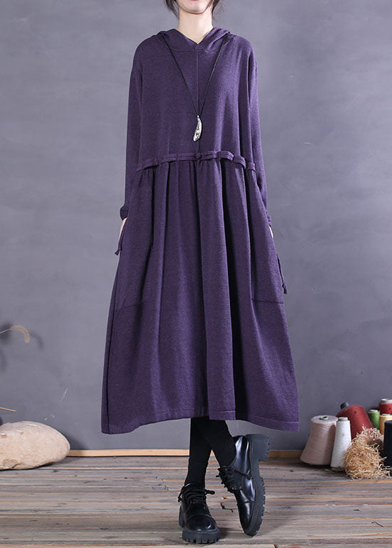 レディース グラスグリーン（草緑） 個性的 フード付き ポケット付き ニット パーティーワンピース 春用