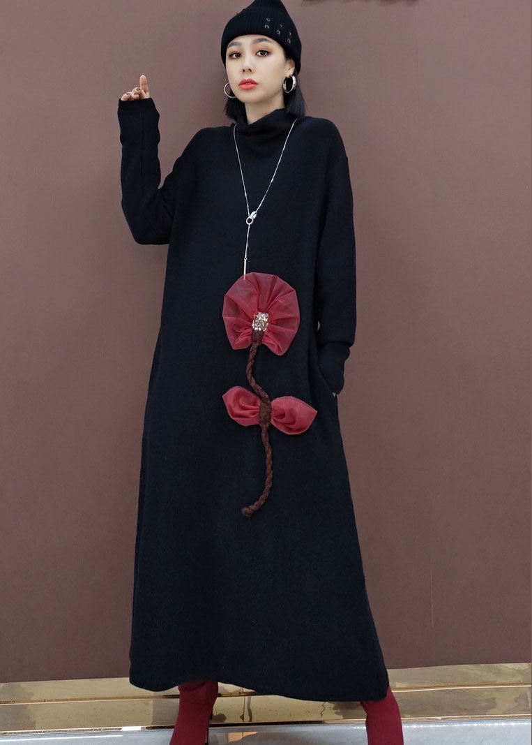 レディース ヴィンテージ風 ブラック タートルネック 花柄 ニットセーターワンピース 春用