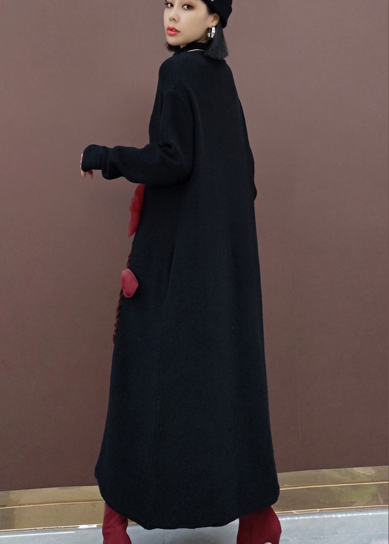 レディース ヴィンテージ風 ブラック タートルネック 花柄 ニットセーターワンピース 春用