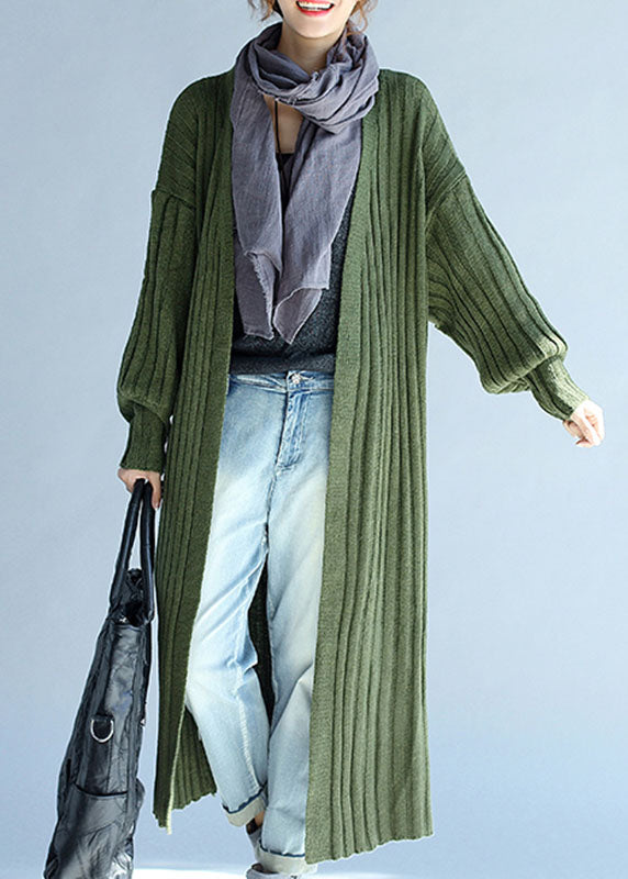 ヴィンテージ風 グリーン Vネック ランタンスリーブ 秋冬 ニットロングセーター コート