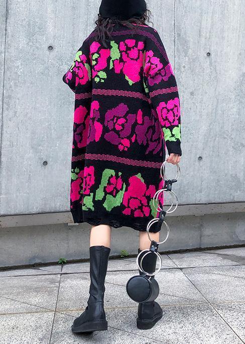 ヴィンテージ フラワー ニットワンピース スタンドカラー／ホールデザイン／バギーシルエット／ニットウェア