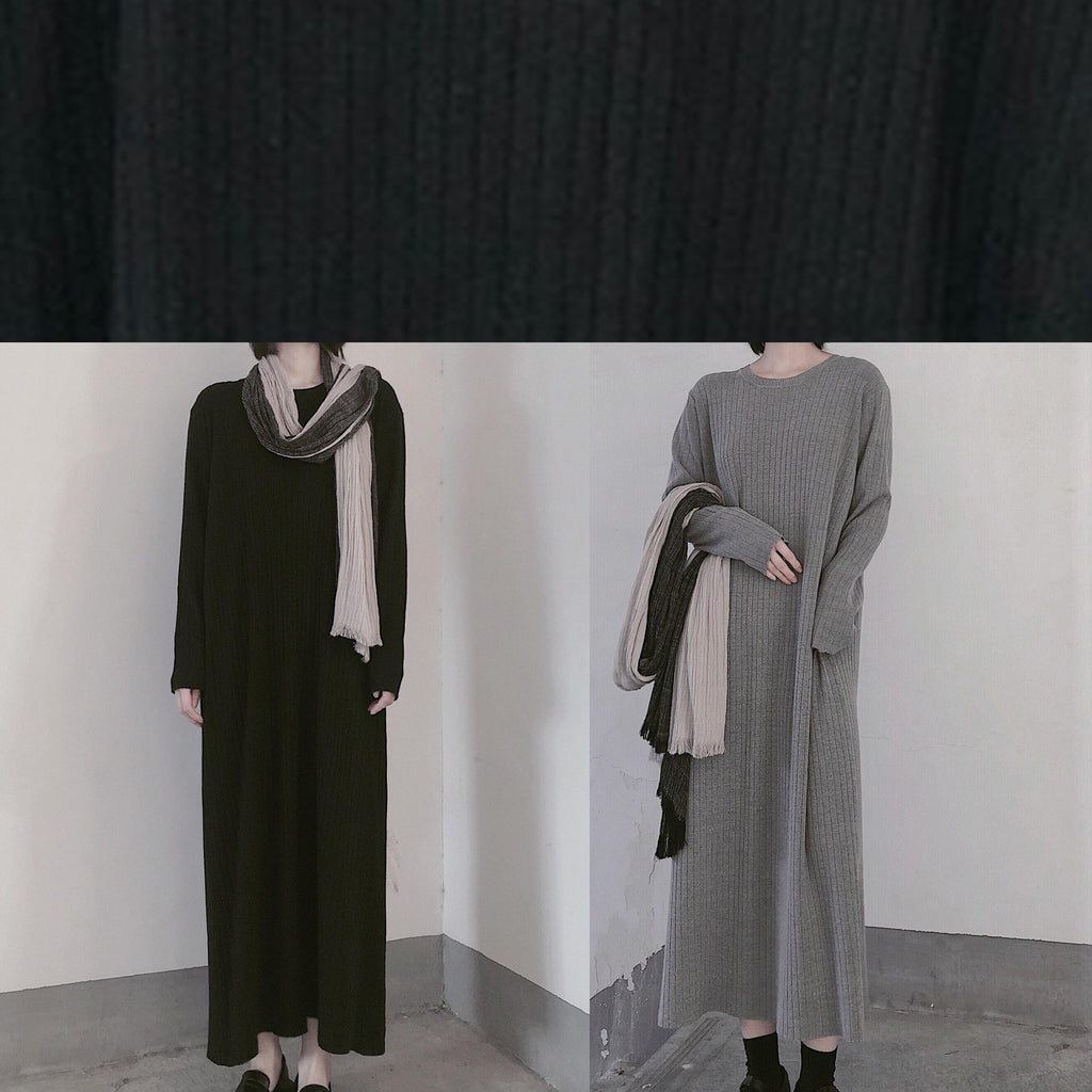 レディース 冬用 グレー ニットワンピース リメイク風 Oネック 長袖 アートデザイン ニットドレス