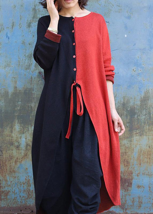 ウィンター アシンメトリー ニットスウェットトップス プラスサイズ対応 レッド×ブラック パッチワーク ニットアウター