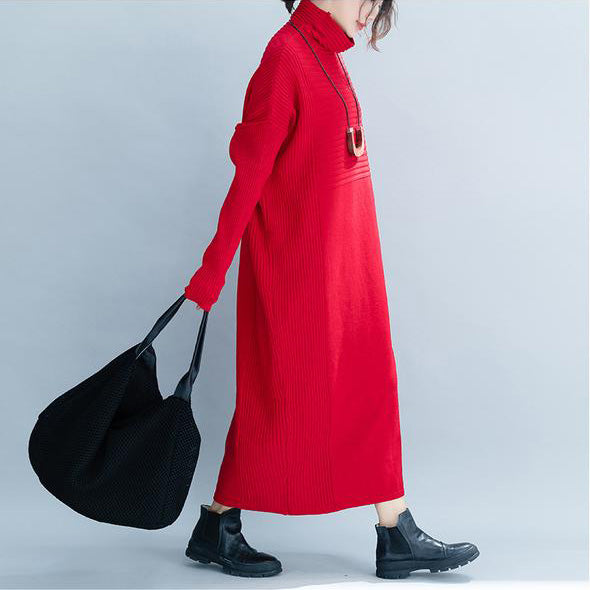 レディース カジュアル ゆったり ハイネック マキシ丈 ニットワンピース