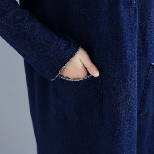 新作 ネイビー カジュアル ニットワンピース ルーズフィット 長袖 ポケット付き セーターワンピース