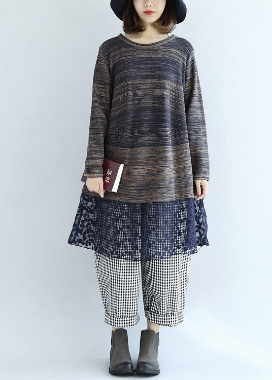 新作 マルチブルー コットン パッチワーク レース ニットワンピース 大きいサイズ カジュアル ミディ丈 セーターワンピース