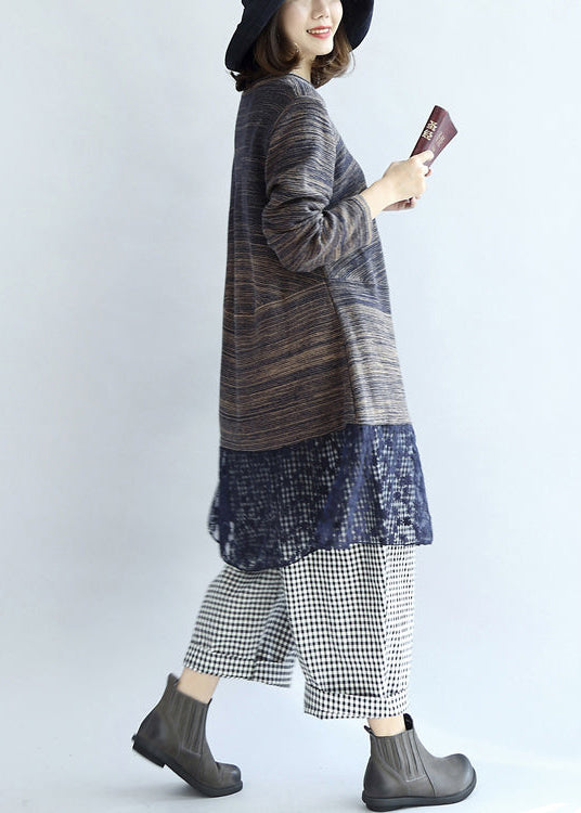 新作 マルチブルー コットン パッチワーク レース ニットワンピース 大きいサイズ カジュアル ミディ丈 セーターワンピース