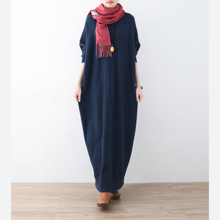 ヴィンテージ ブルー ニットワンピース 大きいサイズ 冬 ファイン バットウィングスリーブ ワンピース